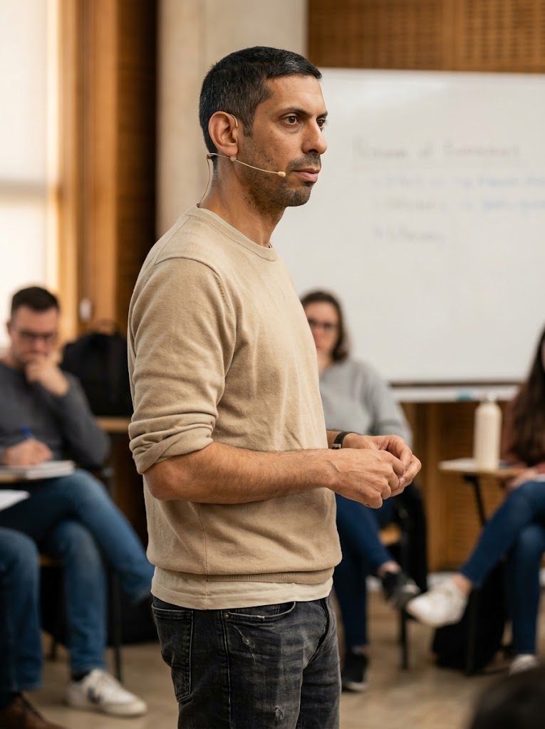 Rubén Maldonado de pie, escuchando a los participantes de un taller