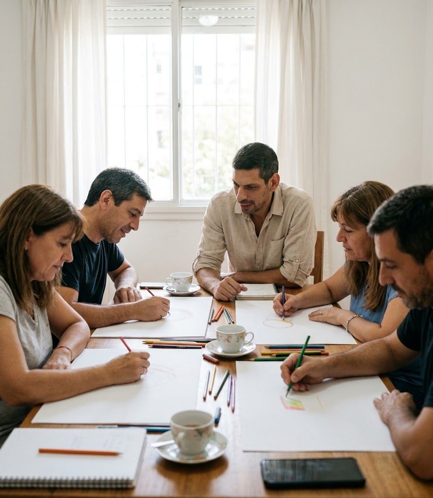 Participantes dibujando con lápices de colores alrededor de una mesa en un encuentro